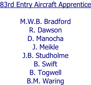 83rd Entry Aircraft Apprentice  M.W.B. Bradford R. Dawson D. Manocha J. Meikle J.B. Studholme B. Swift B. Togwell B.M. Waring
